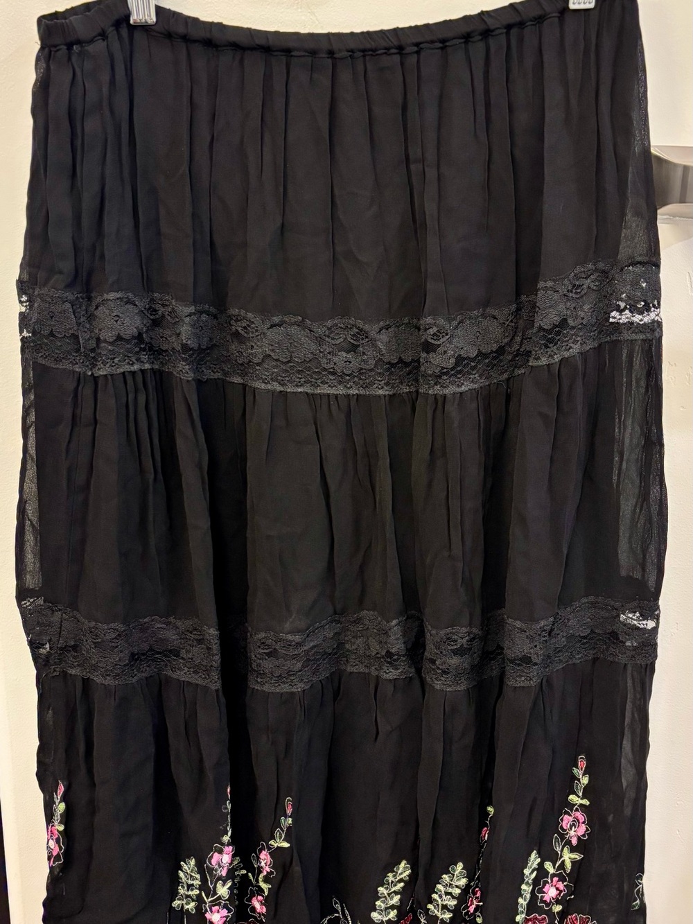 Olivia Black Boho Tiered Lace & Floral Embroidered Midi Skirt Y2K Cottagecore